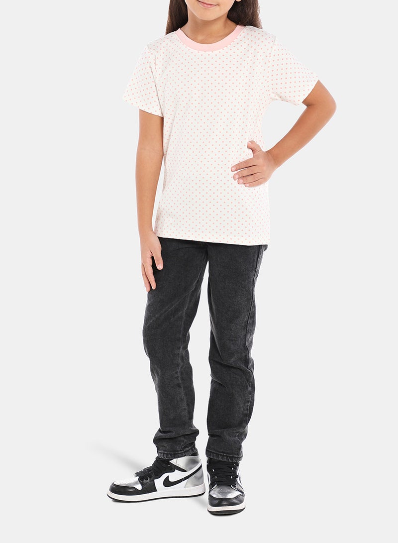 NEON Polka Dot Printed Crew Neck T-Shirt White/Pink  - Image 5