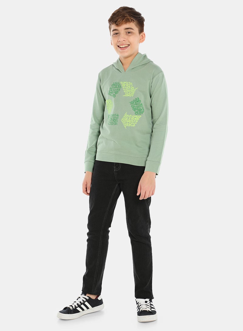 QUWA - Elegant Boys Graphic Printed Hoodie Dark Green - Image 1