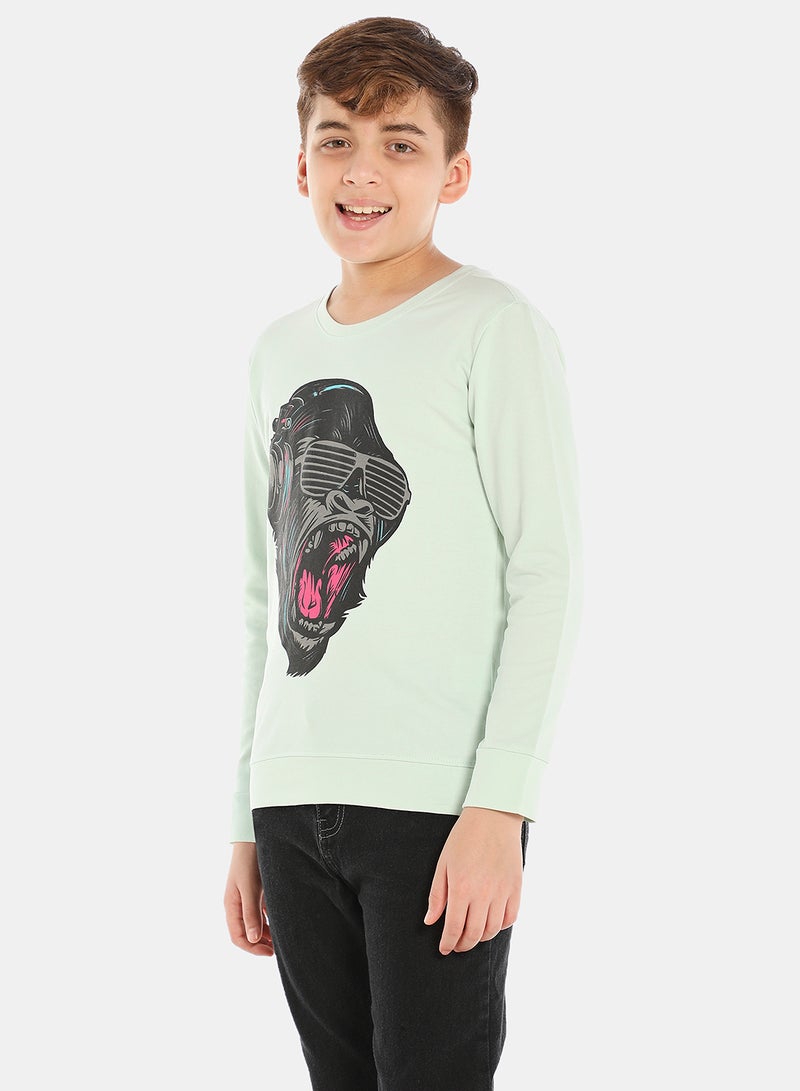 QUWA - Graphic Printed Crew Neck Sweatshirt Green/Black/Pink - Image 1