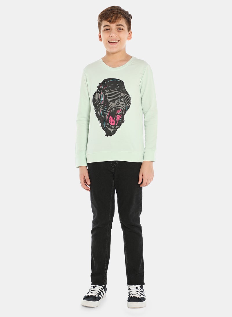 QUWA - Graphic Printed Crew Neck Sweatshirt Green/Black/Pink - Image 1