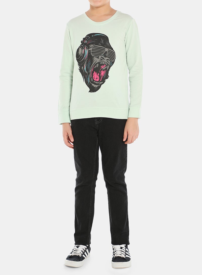 QUWA - Graphic Printed Crew Neck Sweatshirt Green/Black/Pink - Image 1