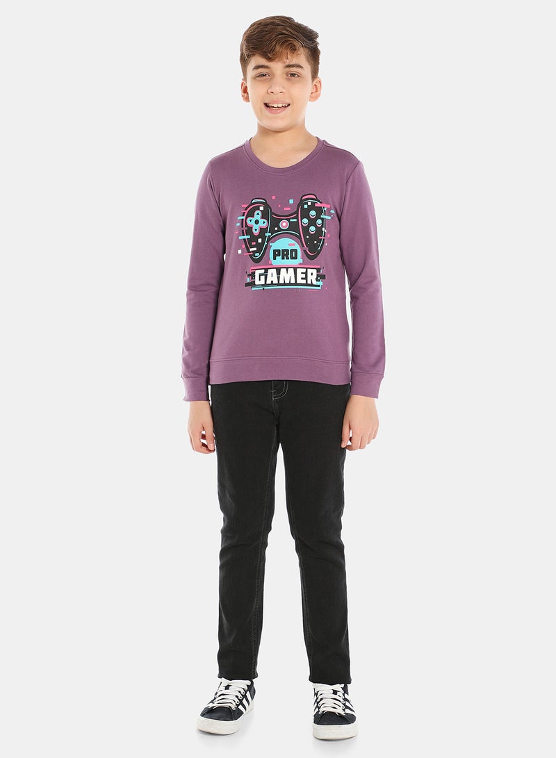 QUWA - Comfortable Boys Graphic Printed Long Sleeve Crew Neck Sweatshirt Purple - Image 1