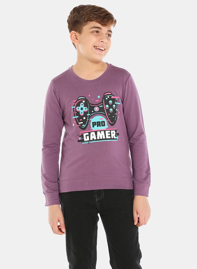 QUWA - Comfortable Boys Graphic Printed Long Sleeve Crew Neck Sweatshirt Purple - Image 1