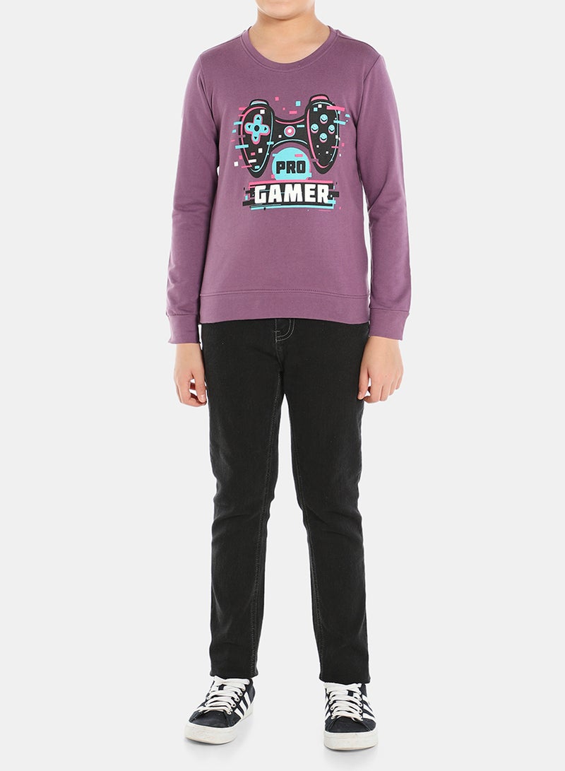 QUWA - Comfortable Boys Graphic Printed Long Sleeve Crew Neck Sweatshirt Purple - Image 1