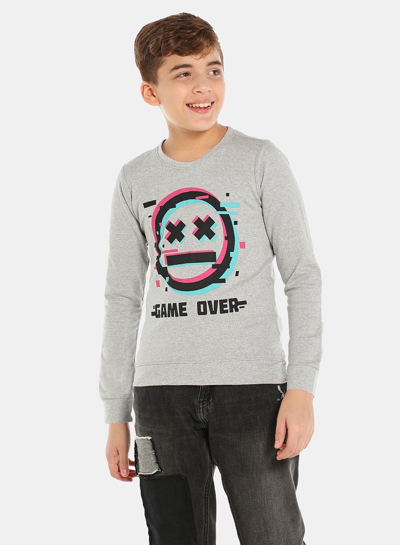 QUWA Boys Comfortable Graphic Printed Crew Neck Sweatshirt Light Grey  - Image 1