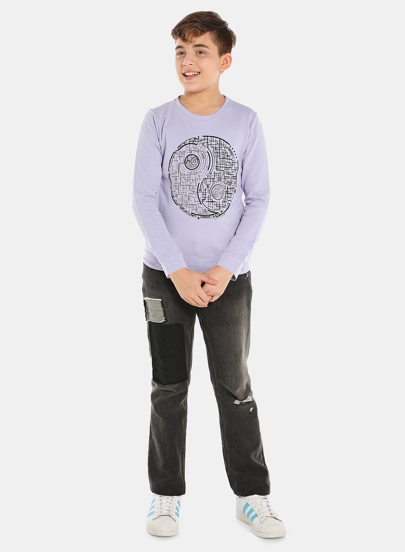 QUWA - Boys Trendy Graphic Printed Crew Neck Sweatshirt Light Purple/Black - Image 1