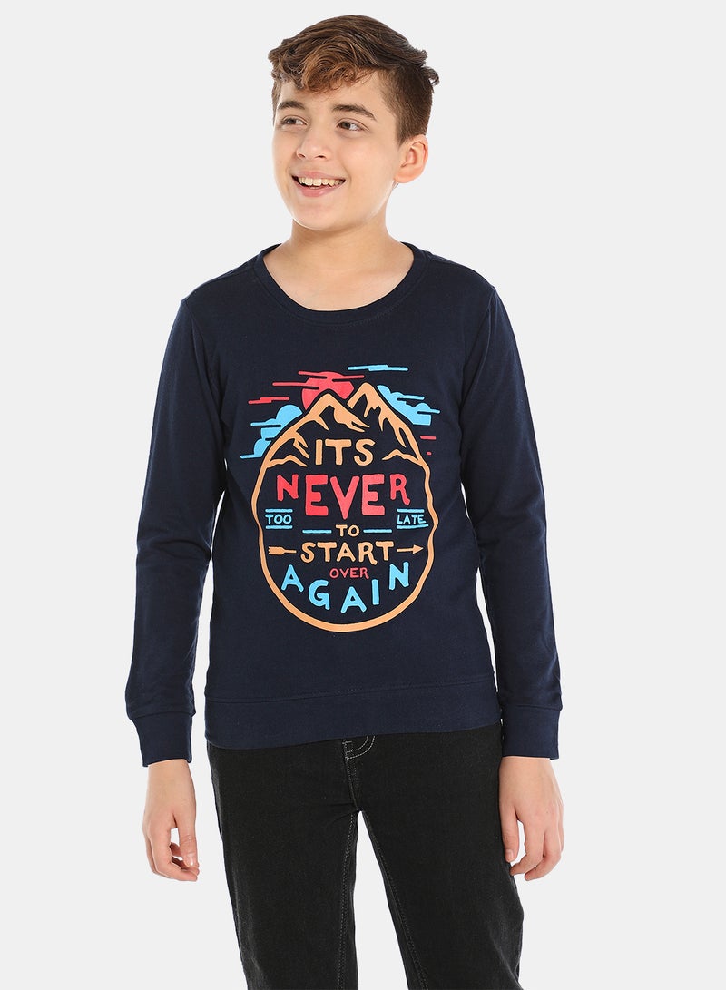 QUWA - Boys Graphic Printed Casual Crew Neck Sweatshirt Navy Blue - Image 1