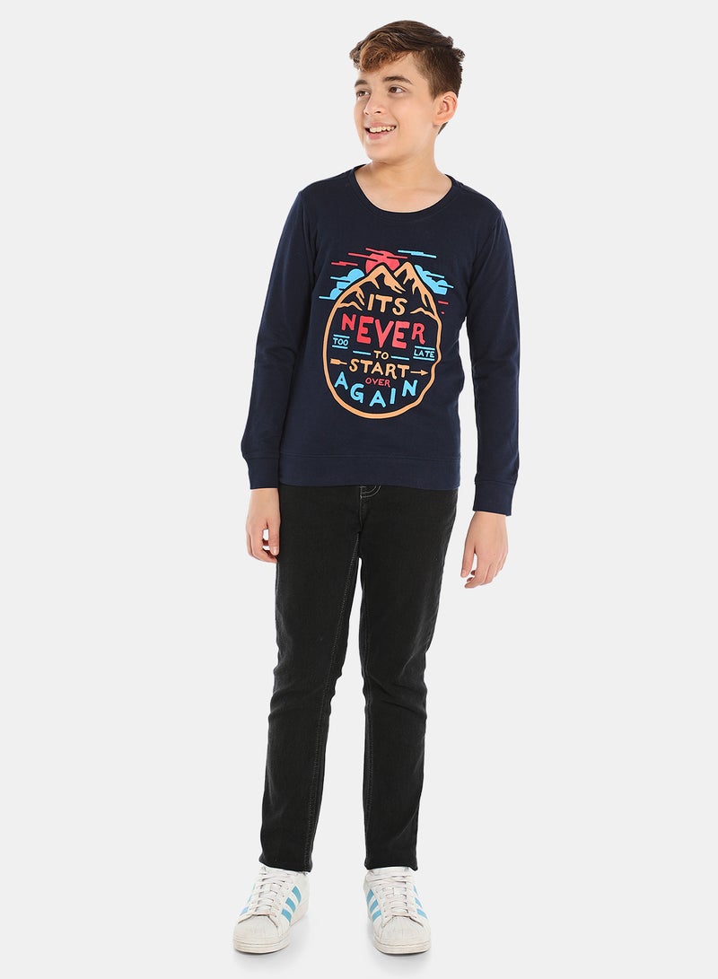 QUWA - Boys Graphic Printed Casual Crew Neck Sweatshirt Navy Blue - Image 1