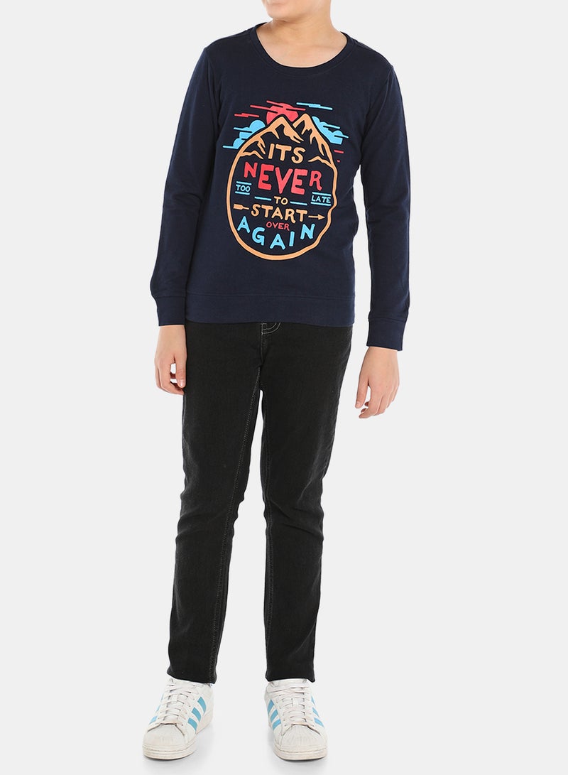 QUWA - Boys Graphic Printed Casual Crew Neck Sweatshirt Navy Blue - Image 1