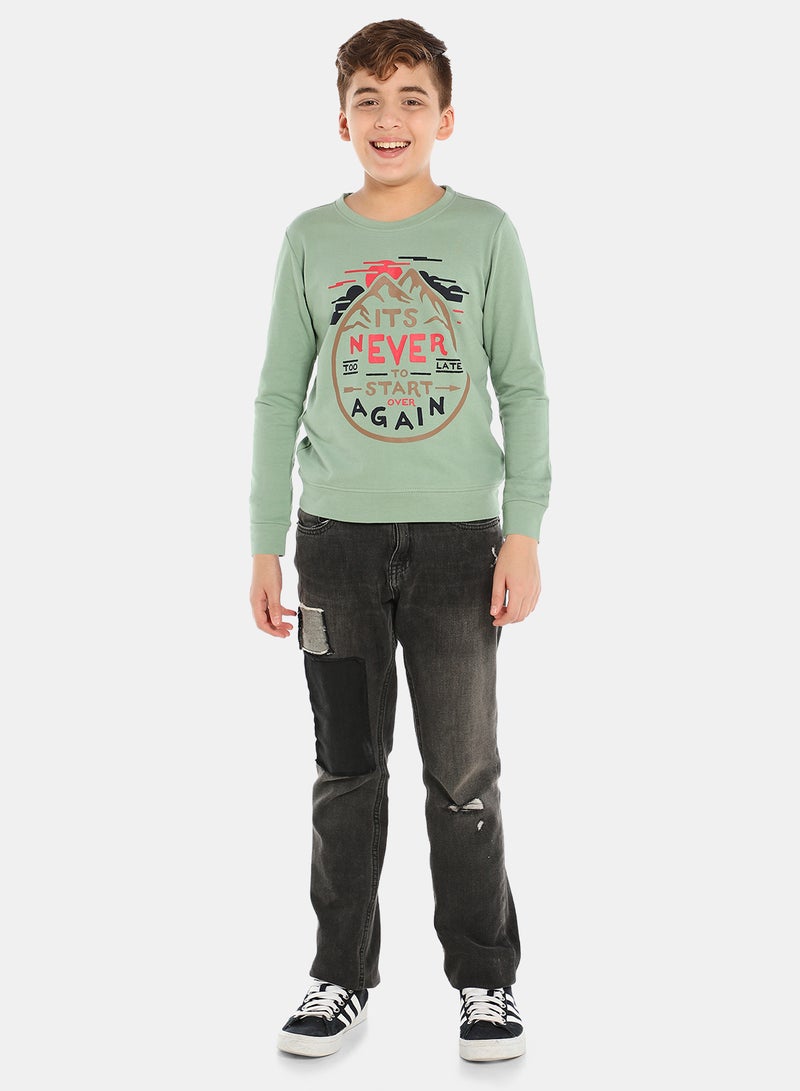 QUWA - Boys Graphic Printed Crew Neck Sweatshirt Olive - Image 1