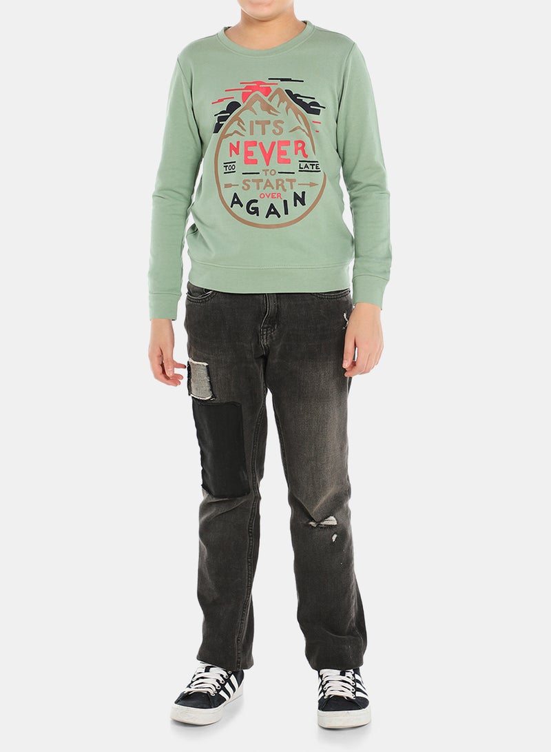 QUWA - Boys Graphic Printed Crew Neck Sweatshirt Olive - Image 1