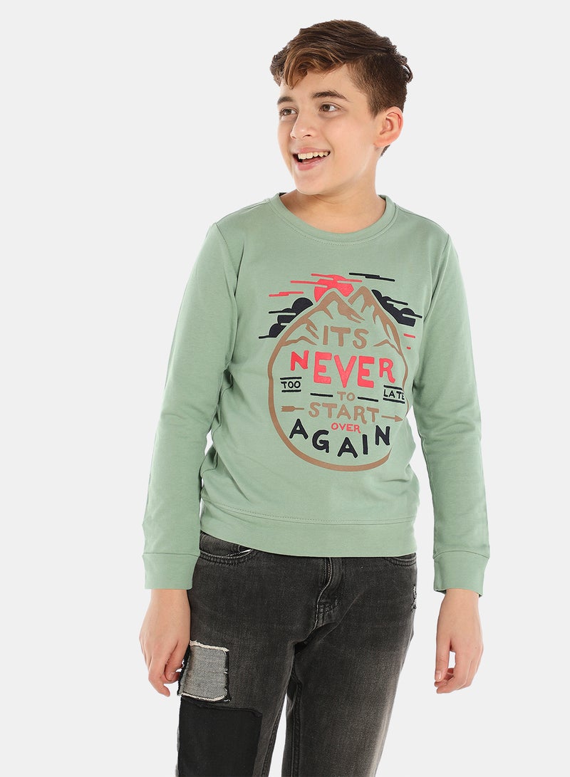 QUWA - Boys Graphic Printed Crew Neck Sweatshirt Olive - Image 1