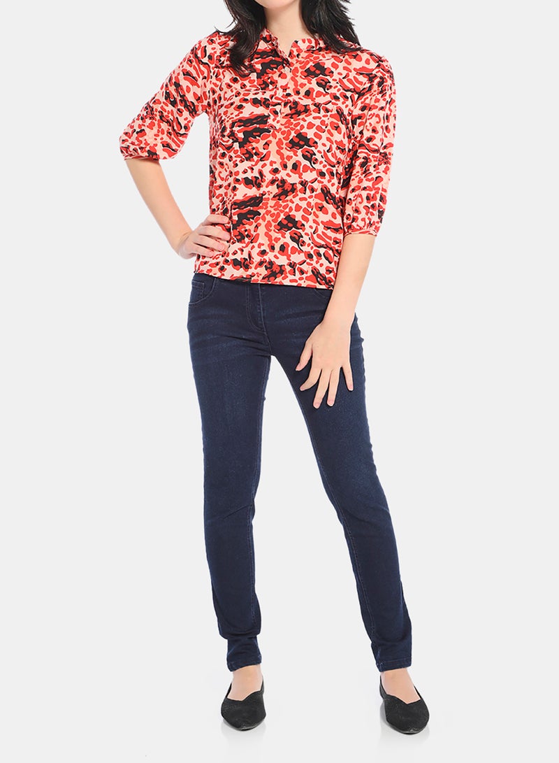 NEON - Animal Printed Puff Sleeve Top Peach/Orange - Image 1