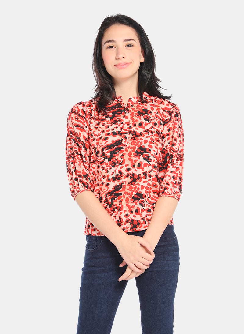 NEON - Animal Printed Puff Sleeve Top Peach/Orange - Image 1
