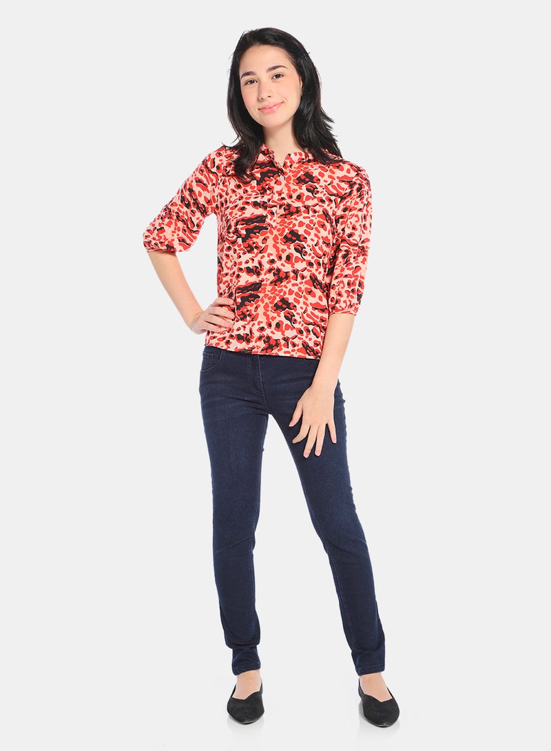 NEON - Animal Printed Puff Sleeve Top Peach/Orange - Image 1