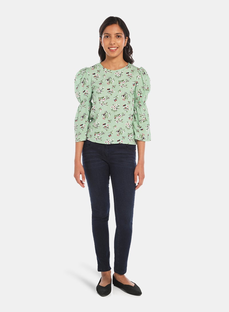 Neon Girls Round Neck Long Sleeve Blouse Light Green  - Image 2