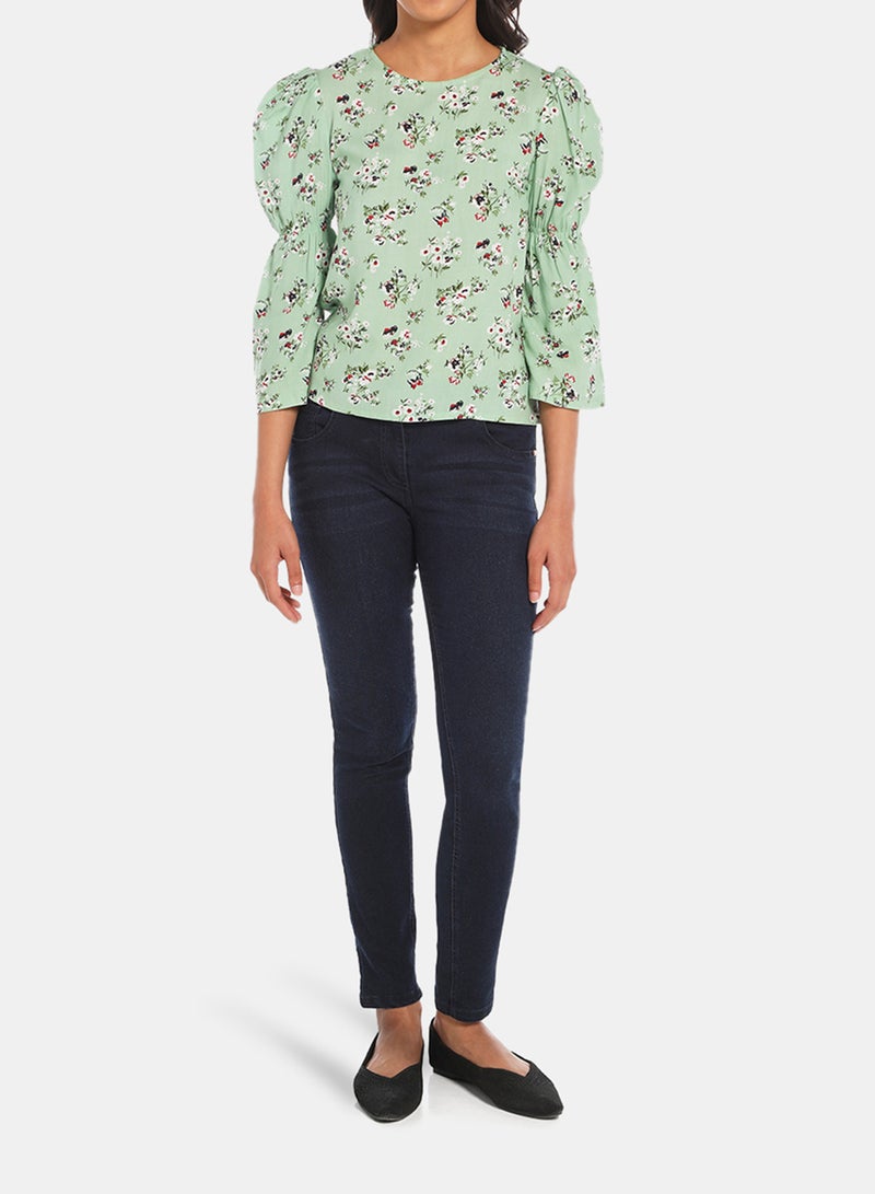 Neon Girls Round Neck Long Sleeve Blouse Light Green  - Image 3