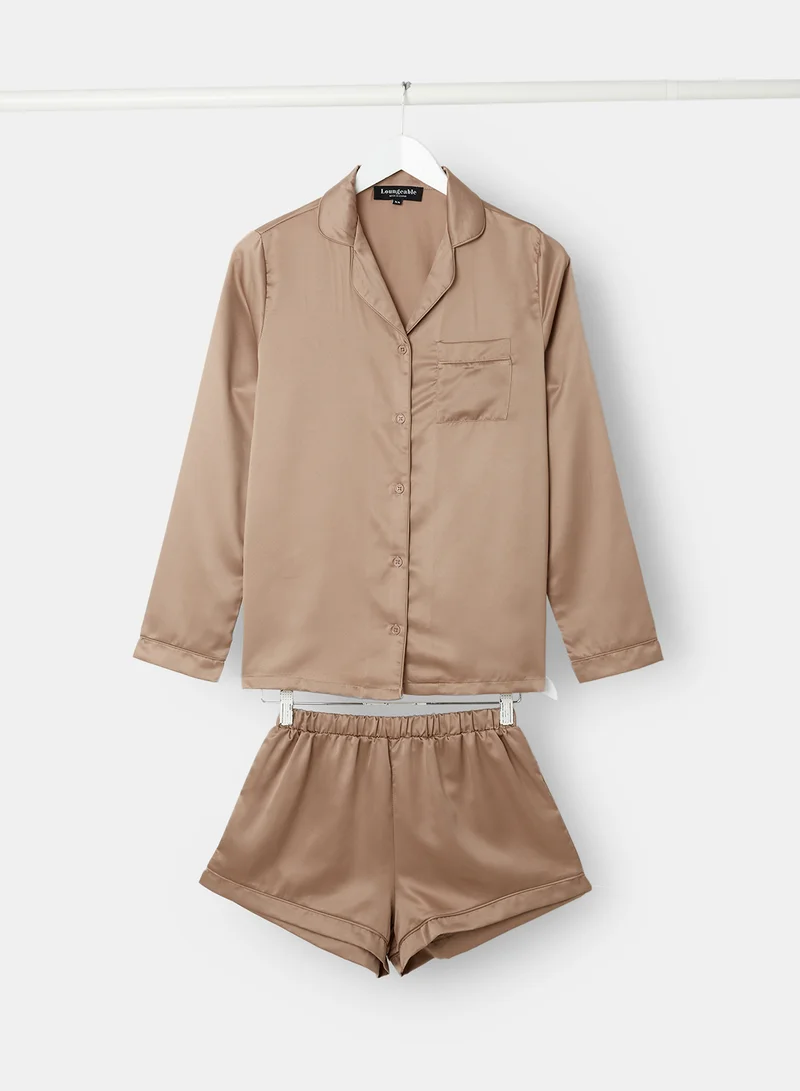 Loungeable Satin Loungewear Top and Shorts Brown