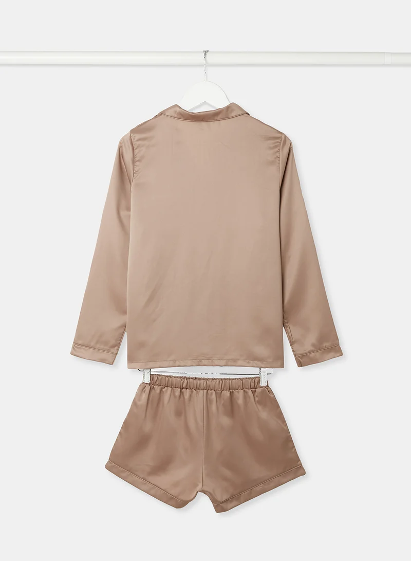 Loungeable Satin Loungewear Top and Shorts Brown