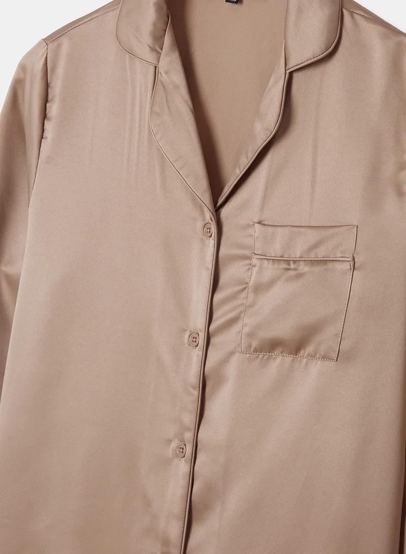Loungeable Satin Loungewear Top and Shorts Brown