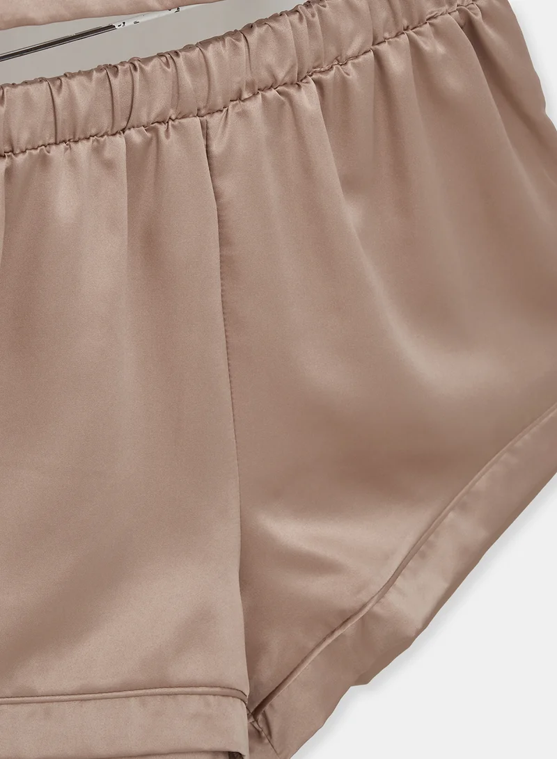 Loungeable Satin Loungewear Top and Shorts Brown