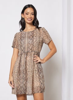 All-Over Snake Print Round Neck Dress Beige/Brown