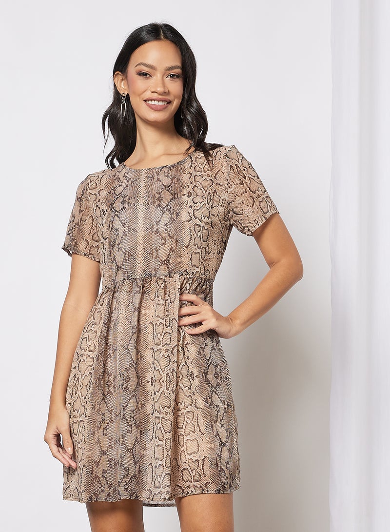 Aila - All-Over Snake Print Round Neck Dress Beige/Brown - Image 1