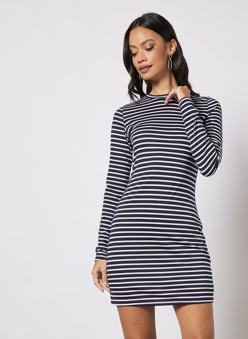 Aila Women's Casual Round Neck Long Sleeve Horizontal Stripe Fitted Mini Knit Dress Blue/White  - Image 1