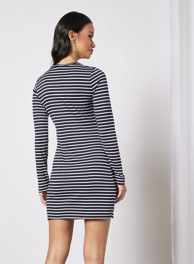 Aila Women's Casual Round Neck Long Sleeve Horizontal Stripe Fitted Mini Knit Dress Blue/White  - Image 2