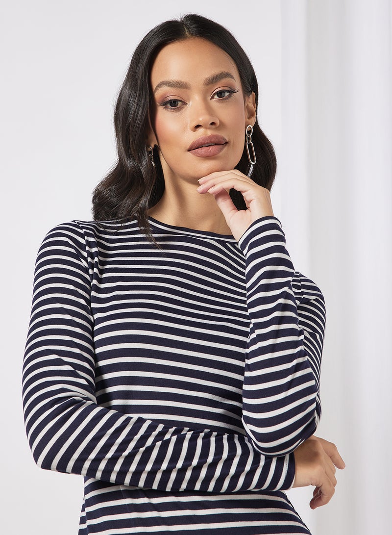 Aila Women's Casual Round Neck Long Sleeve Horizontal Stripe Fitted Mini Knit Dress Blue/White  - Image 3