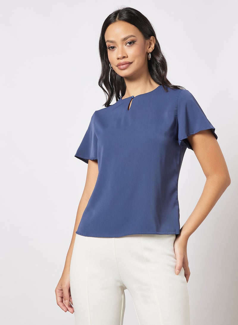 Aila Women's Casual Keyhole Neck Short Bell Sleeve Casual Top Navy Blue  - Image 1