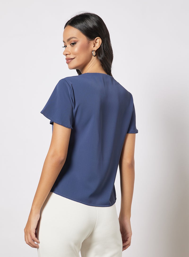 Aila Women's Casual Keyhole Neck Short Bell Sleeve Casual Top Navy Blue  - Image 2