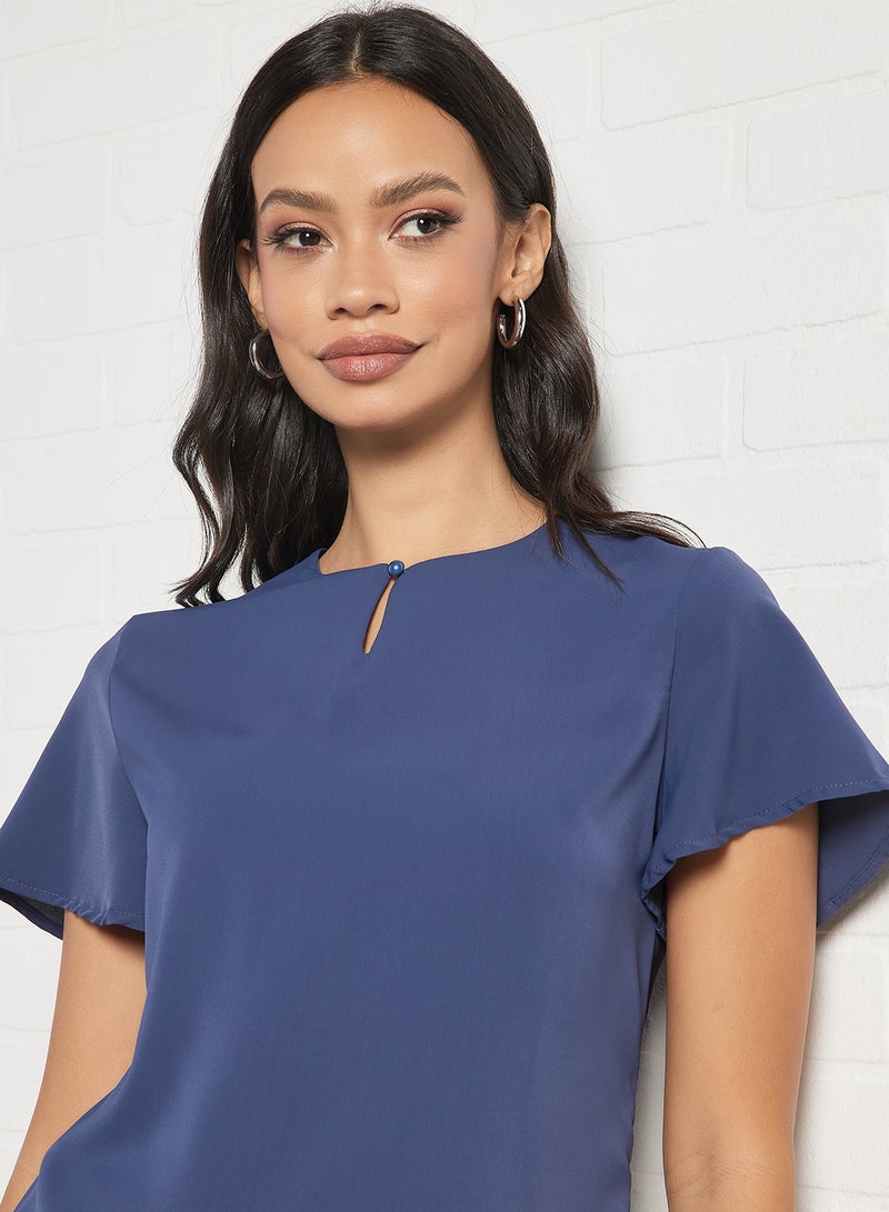 Aila Women's Casual Keyhole Neck Short Bell Sleeve Casual Top Navy Blue  - Image 3