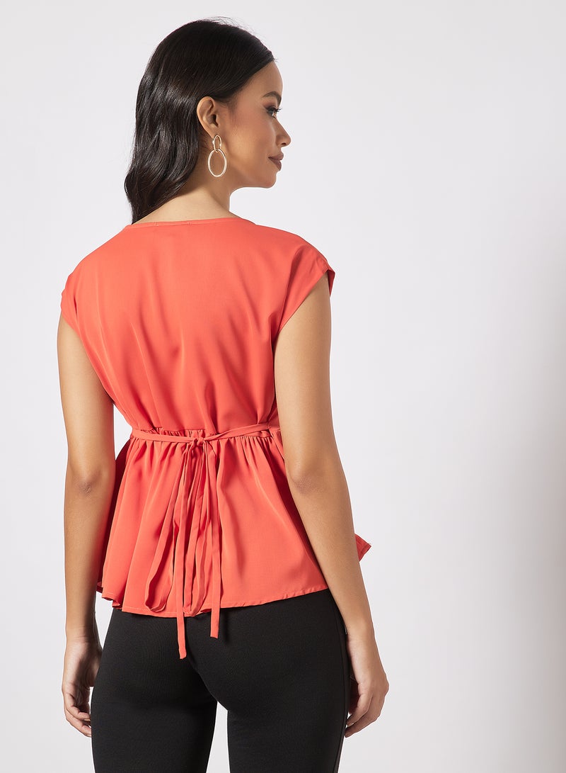 Aila Women's Cap Sleeves Blouse With Tie Up Details At The Waist Rust Red  - Image 2