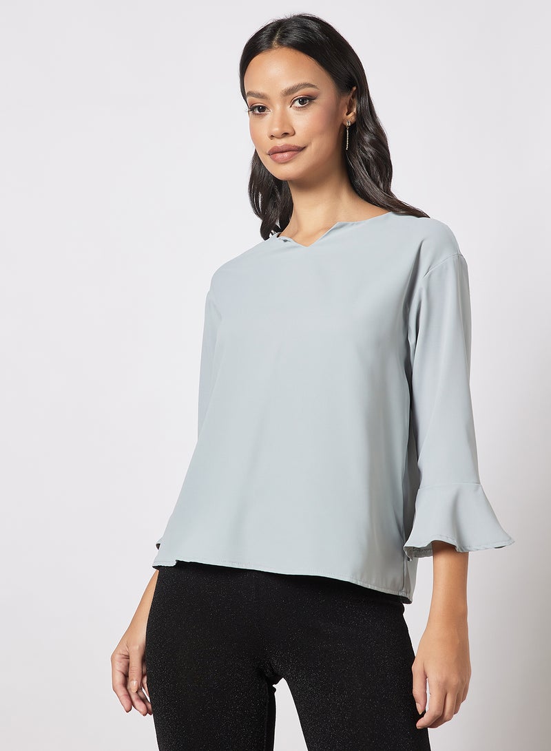 Aila Women's Formal Bell Sleeves Notch Neck Blouse Grey - Image 1