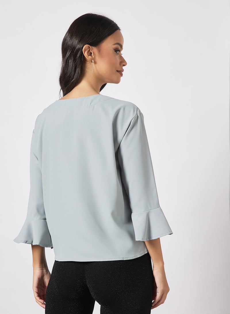 Aila Women's Formal Bell Sleeves Notch Neck Blouse Grey - Image 2