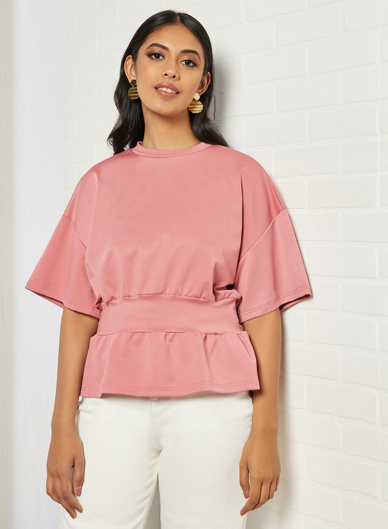 Aila Women's Solid Design Casual Strechable Waist Top Pink - Image 1