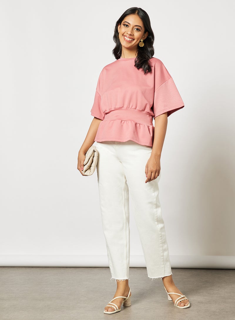 Aila Women's Solid Design Casual Strechable Waist Top Pink - Image 3