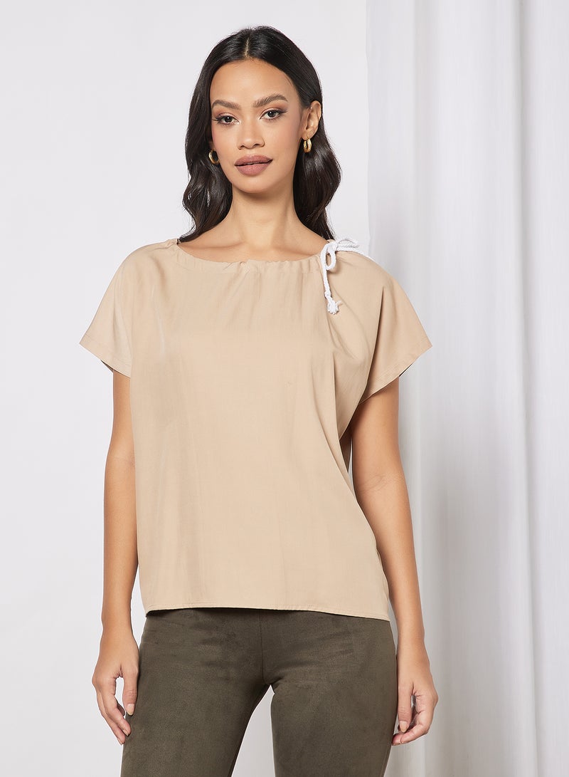Aila Women's Solid Design Casual Short Sleeve Top Beige - Image 1