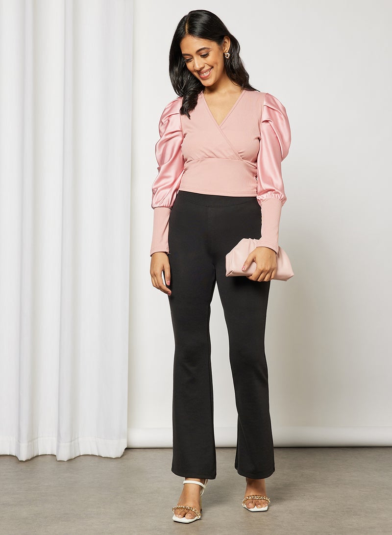 Aila Women's Plain Basic Design Casual V-neck Puff Sleeve Top Pink  - Image 3