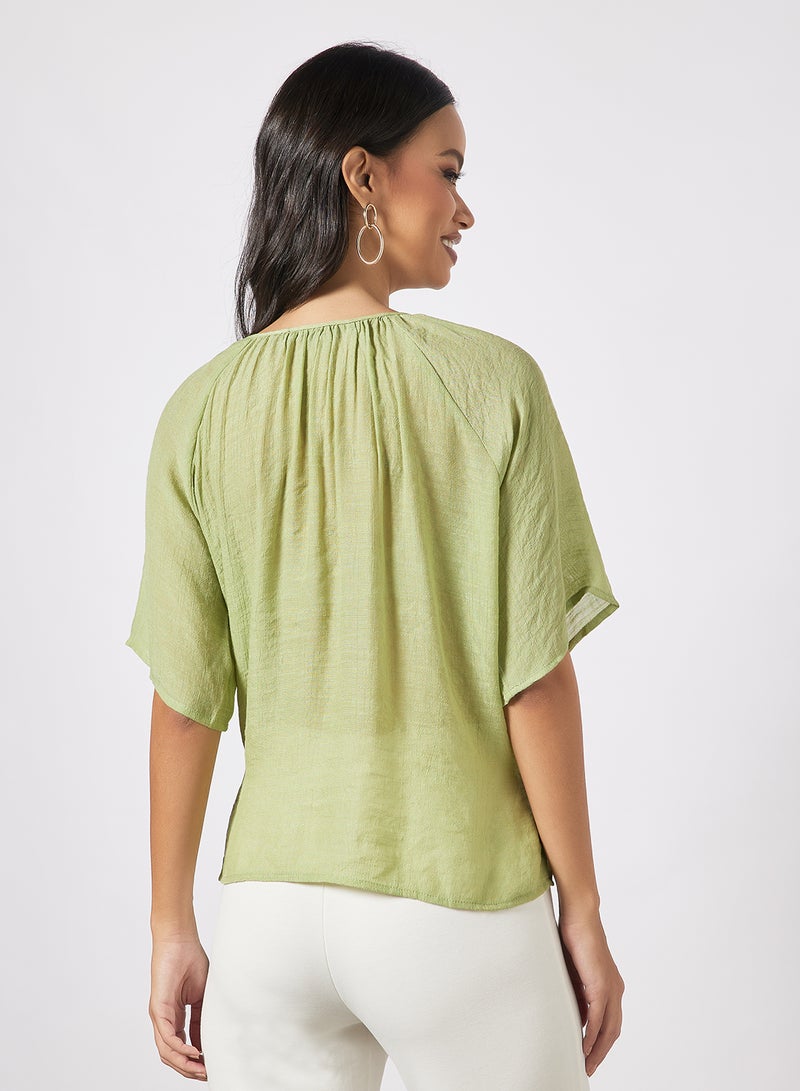 Aila Women's Casual Solid Design V-neck Half Sleeve Top Green  - Image 2