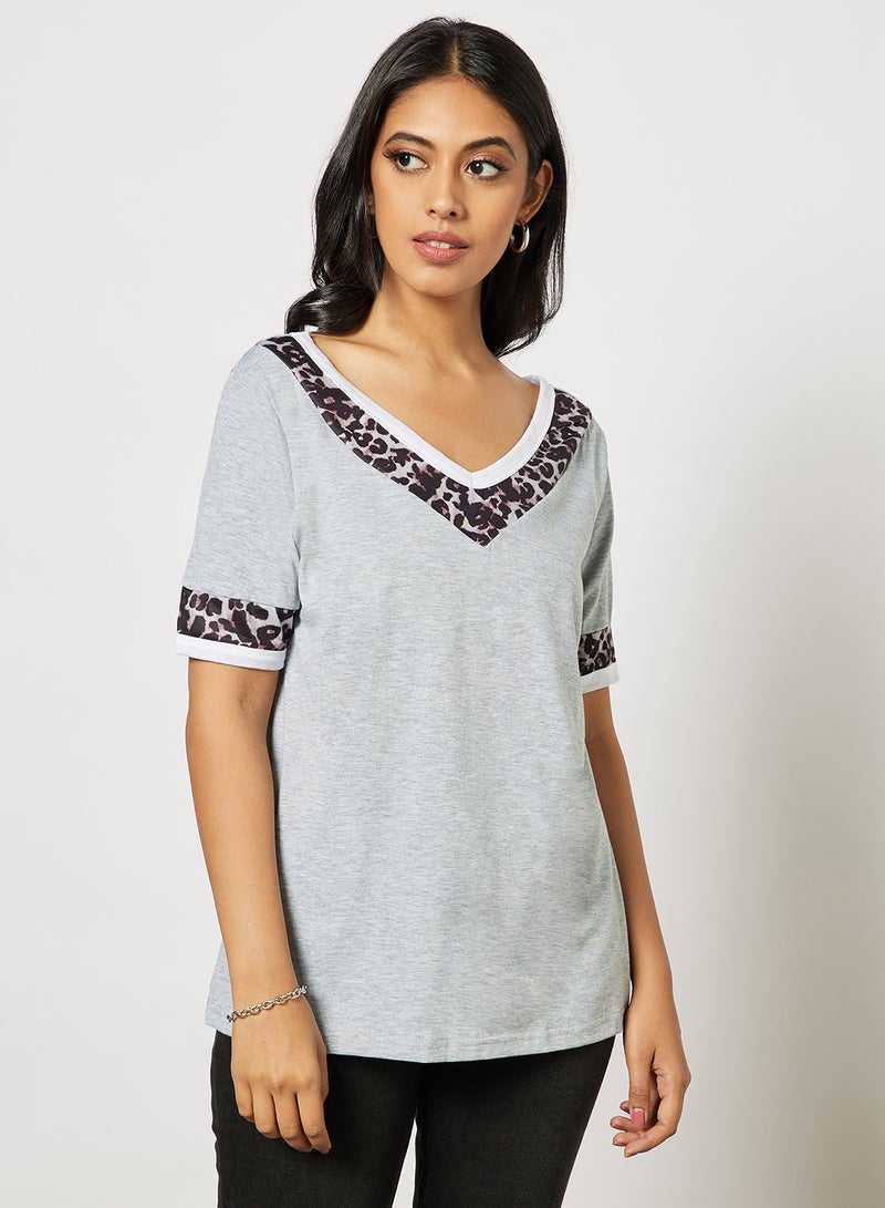 Aila Women's Casual Solid Design Contrast Collar & Sleeve Hem Top Grey/Black  - Image 1