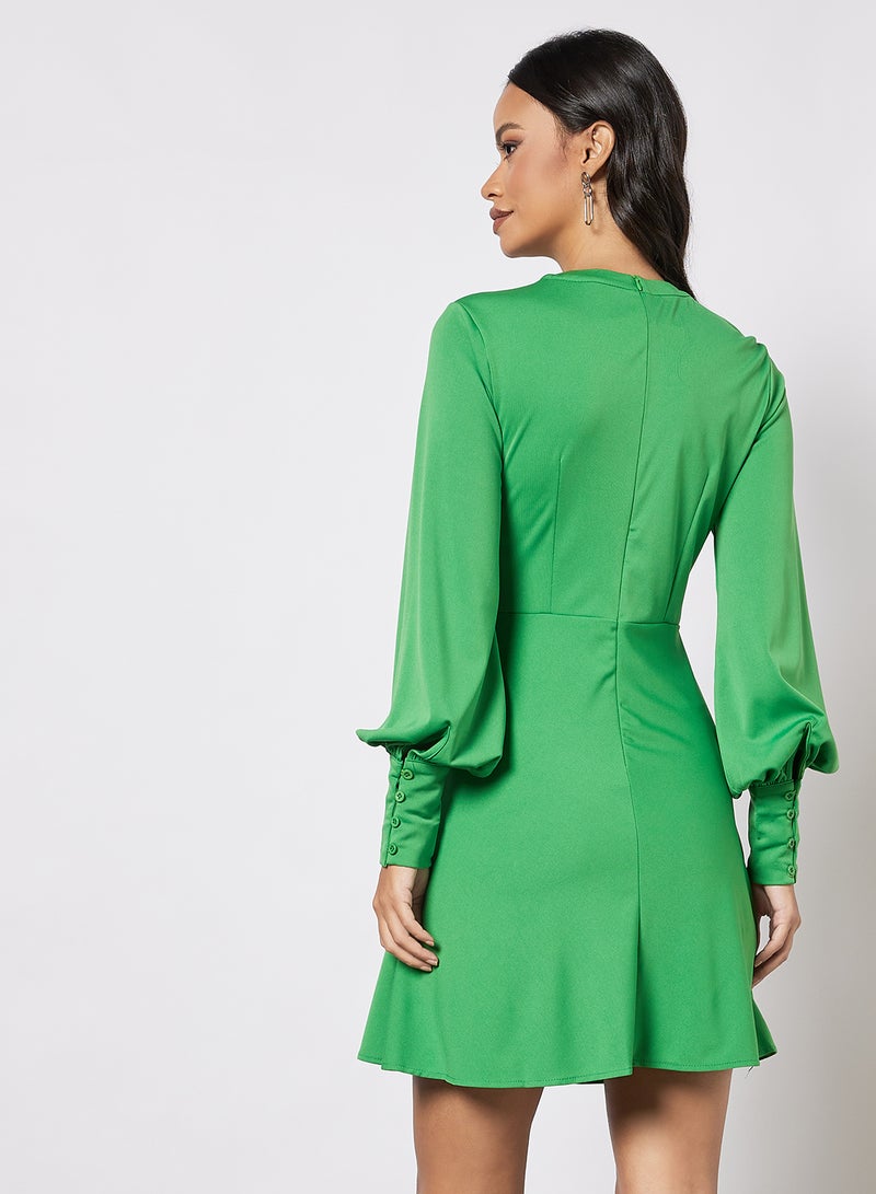 Aila Flounce Hem Puff Sleeve Casual Dress Green  - Image 2