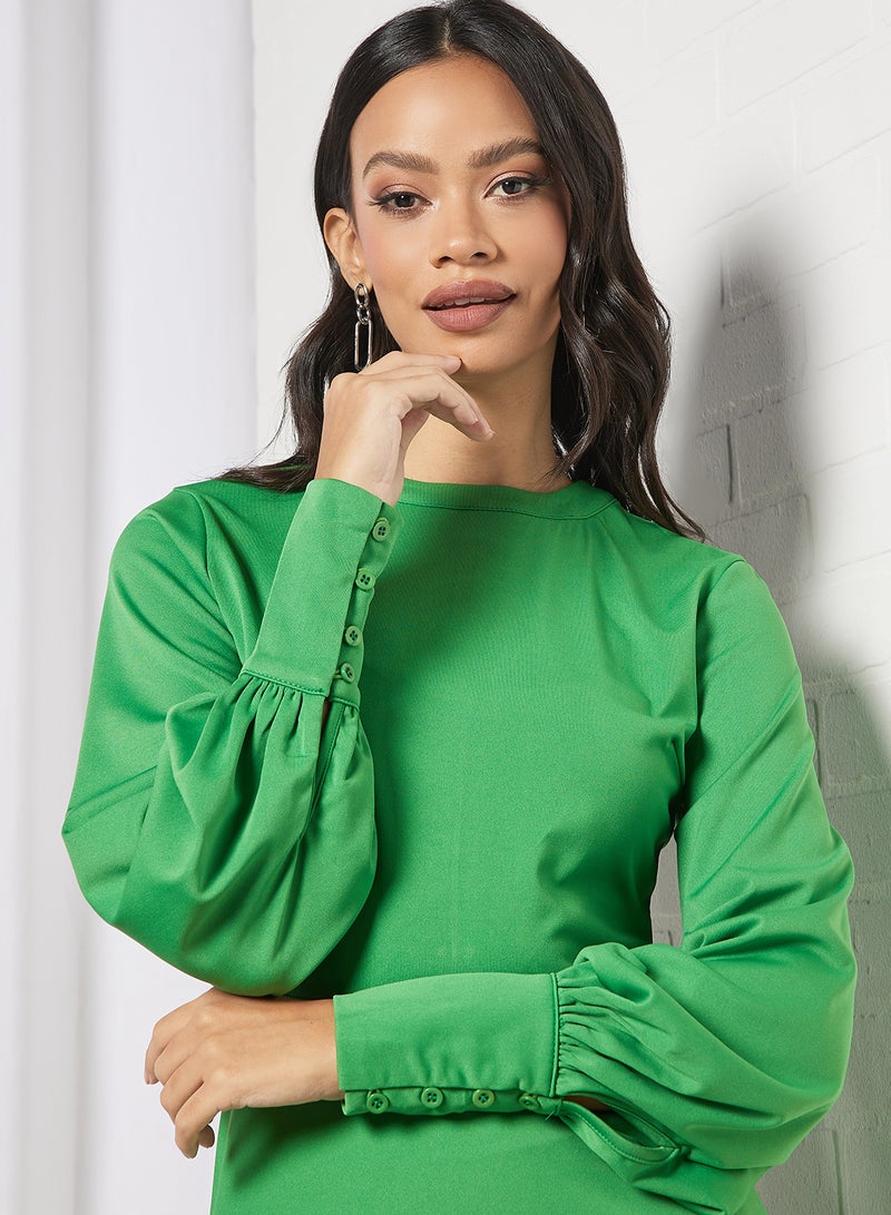 Aila Flounce Hem Puff Sleeve Casual Dress Green  - Image 3