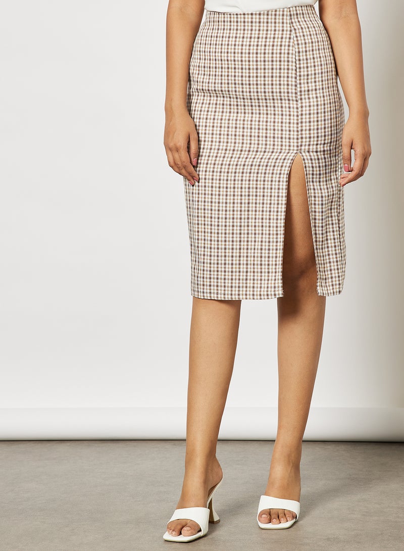 Aila Women Split Hem Plaid Skirt Brown  - Image 1