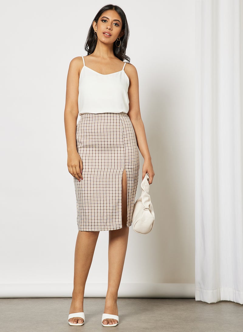 Aila Women Split Hem Plaid Skirt Brown  - Image 3