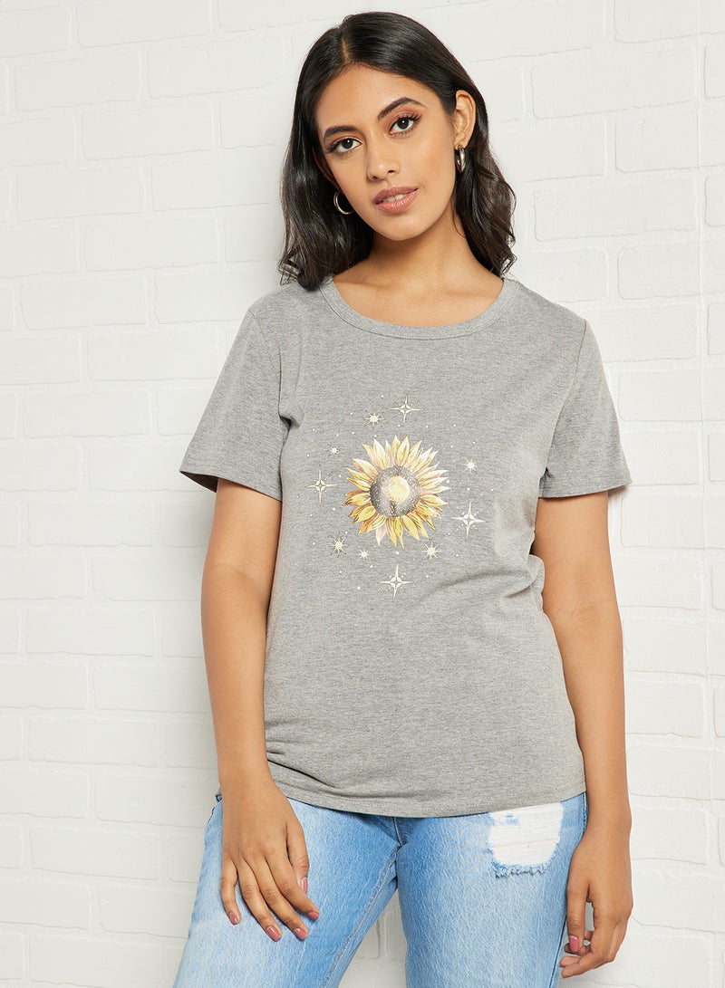 Aila Casual Short Sleeve Round Neck Graphic Print Knit T-Shirt Dark Grey  - Image 1