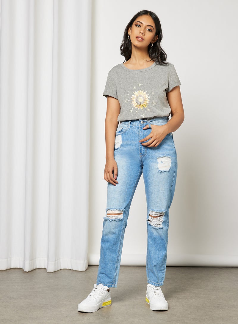 Aila Casual Short Sleeve Round Neck Graphic Print Knit T-Shirt Dark Grey  - Image 3