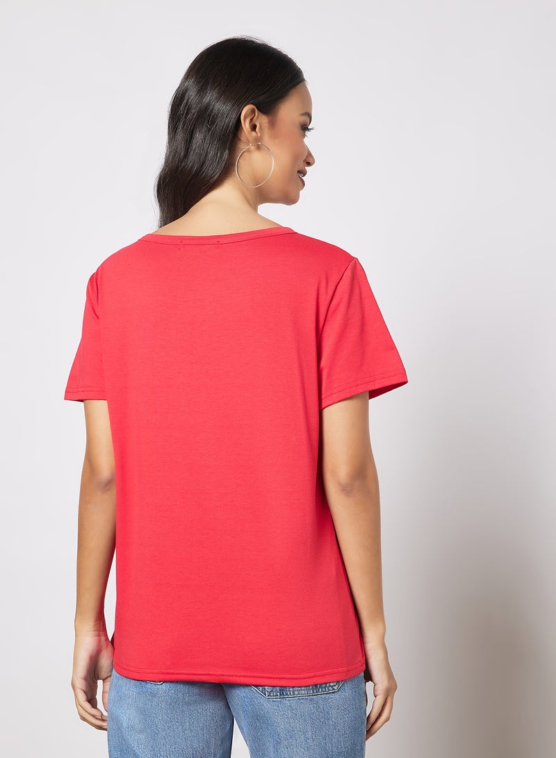 Aila Casual Short Sleeve Round Neck Graphic Print Knit T-Shirt Red  - Image 2