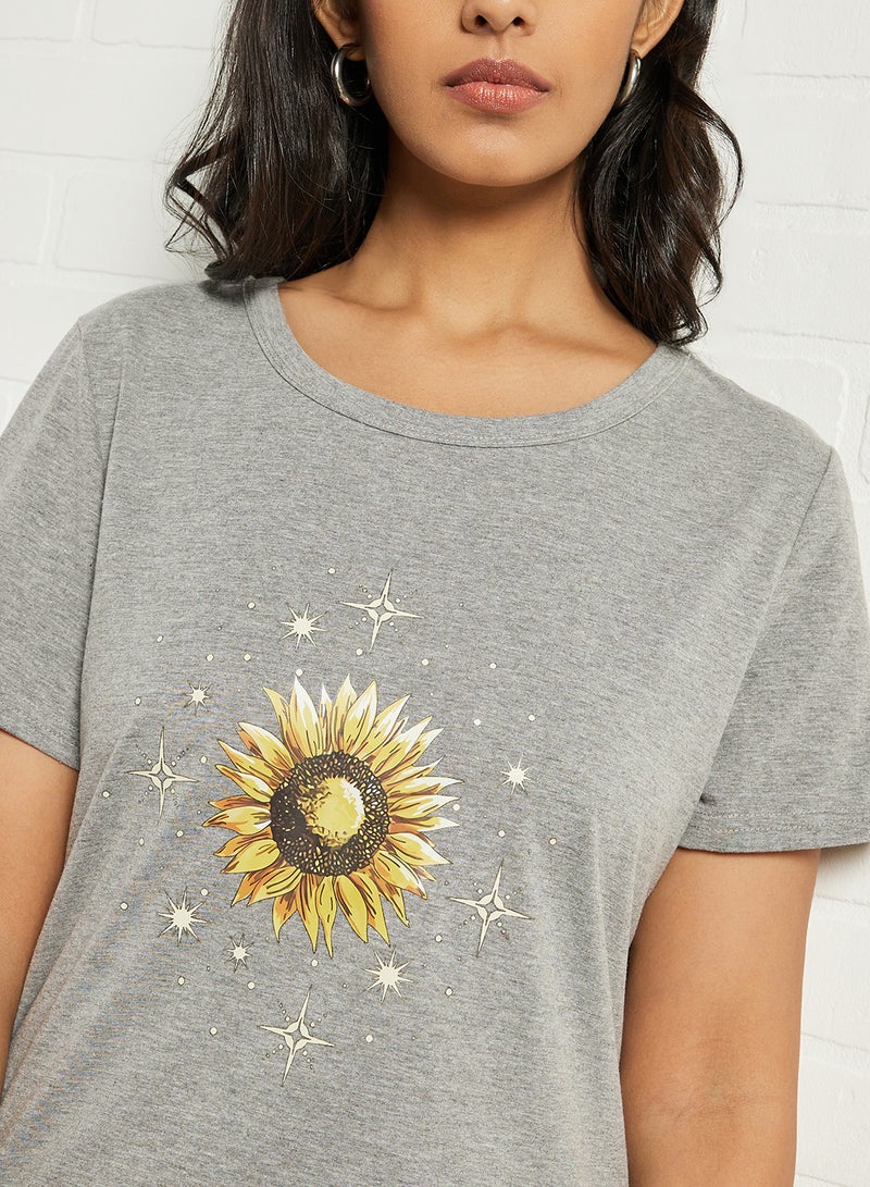 Aila Casual Short Sleeve Round Neck Graphic Print Knit T-Shirt Dark Grey  - Image 4